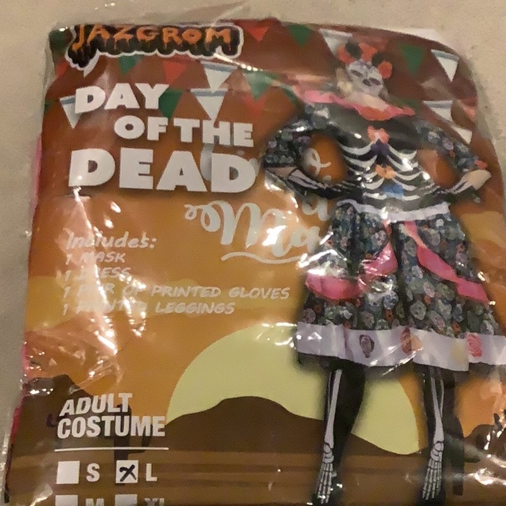 Women’s large Day of the Dead mask, dress gloves and leggings.